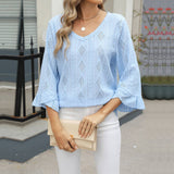 V-Neck Diamond Check Cutout Horn Sleeve T-Shirt