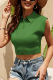 Solid Polo Neck Casual Short Sleeveless Knit Top_Cwoswsl0084