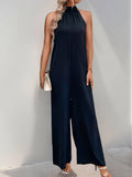 Solid Color Wide-Leg Romper With Casual High Neck