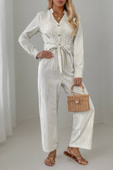 Cwsbsl0134_V-Neck Commuter Style Striped Lace-Up Jumpsuit