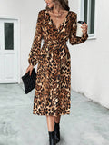V-Neck Long Sleeve Leopard Print Long Dress