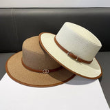 BRITISH STYLE FLAT TOP FASHIONABLE BELT STRAW HAT_CWAH1156