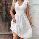 Solid Color Hollow Leaf Sleeve V-Neck Midi Dress