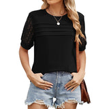 Solid Color Crew Neck Patchwork Lace Casual Top