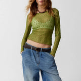 SEMI SHEER MESH LACE T SHIRT SLIM FIT CROPPED TOP_CWTBLL2661