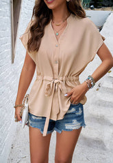 Solid Color Lace-Up Waist Blouse