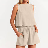 Stylish Sleeveless Blouse Shorts Two Piece Set_Cwstb0495