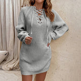 Solid Color Lace-Up Mid-Length Pullover Sweater