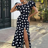 Style Print Puffed Sleeve Halter Long Dress