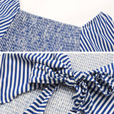 Striped Lapel Halter Dress With Puffy Sleeves