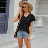 V-Neck Fly-Sleeved Pleated Short-Sleeved T-Shirt