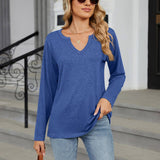V-Neck Color Cotton Long Sleeve Loose T-Shirt