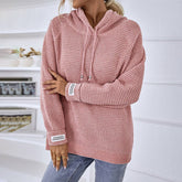 Solid Color Hooded Drawstring Knit Sweater