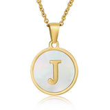 Cwaje1934_Round Stainless Steel White Shell Letter Necklace