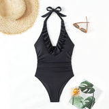 Womens Backless Ruffled One-Piece Swimsuit