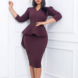 RUFFLED RETRO V NECK HIP HUGGING PENCIL DRESS_CWDSD6140