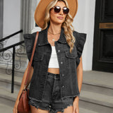 Washed Wooden Ear Side Single-Breasted Denim Vest
