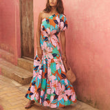 DIAGONAL SHOULDER HOLIDAY FLORAL DRESS_CWDMD1828