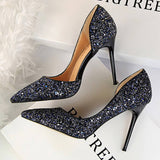 Women Pointy Side Hollowed Sequined High Heels