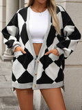 V-Neck Diamond Check Patchwork Color Cardigan