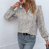 Women Long Sleeve V-Neck Polka Dot Ruffled Shirt