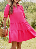 Womens V-Neck Colorblock Puff Sleeve Dress