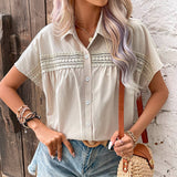 V-Neck Button-Up Solid-Color Lace Cutout Shirt