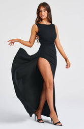 Solid Color Round Neck Slit Sexy Backless Dress