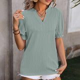 Solid Color V Neck Ear Of Wheat Short Sleeved Top_Cwtts0898