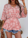 V-Neck Bat-Sleeve Loose Waist Print Pullover Top