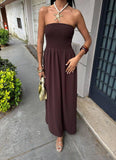 Solid Color Line Neckline Waist Long Style Dress