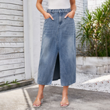 Wome Washed Denim Midi Skirt With Slit_Cwjsk0196