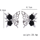 SILVER NEEDLE BLACK ROSE BUTTERFLY EARRINGS_CWAJE1857