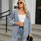 Washed Long Sleeve V-Neck Denim Coat Top