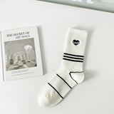 BLACK AND WHITE STRIPED MESH COTTON SOCKS_CWMS0956