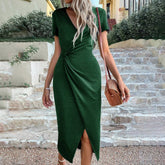 V-Neck Split, Cinched Waist Solid Color Dress