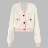 V-Neck Fake Pocket Sweater Solid Color Cardigan