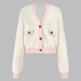 V-Neck Fake Pocket Sweater Solid Color Cardigan