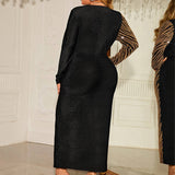 LEOPARD PATCHWORK V NECK BODYCON SLIT DRESS_CWDSD8489