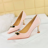 RETRO METAL BUCKLE SHALLOW POINTED TOE HIGH HEELS_CWSHH0097