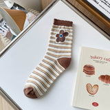 White Coffee Color Floral Print Crew Socks_Cwms0298