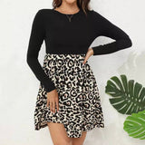 Stylish Crew Neck Leopard Print Slim-Fit Dress