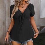 V Neck Drawstring Sexy Short Sleeved Top_Cwtbls0458