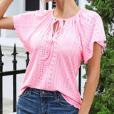 Solid Eyelet Tie Neck Flutter Sleeve Top