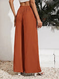 Solid-Color Loose Tight Waistband Wide-Leg Pants