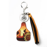 Western Bull Head Leather Tassel Sunflower Keychain_Cwab5089