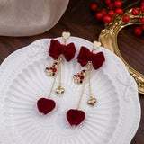 NEW BURGUNDY BOW LONG HEART EARRINGS_CWAJE1860