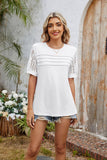Solid Color Crew Neck Patchwork Lace Casual Top