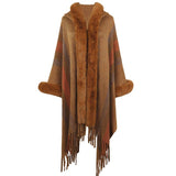 Womens Hooded Cape Striped Knitted Fringe Shawl