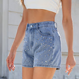 Washed Design With Beaded Slimming Denim Shorts